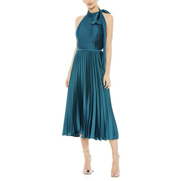 Ieena For Mac Duggal Pleated High-Neck Kitten Bow Midi Dress Size 4 - Picture 1 of 9